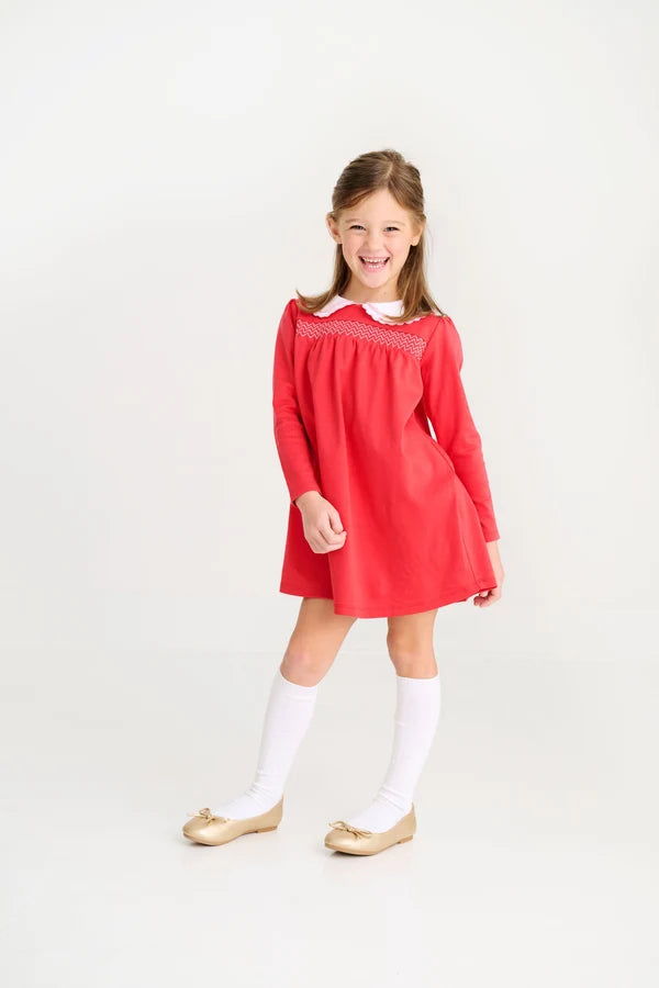 Long Sleeve Smocked Holly Day Dress- Richmond Red