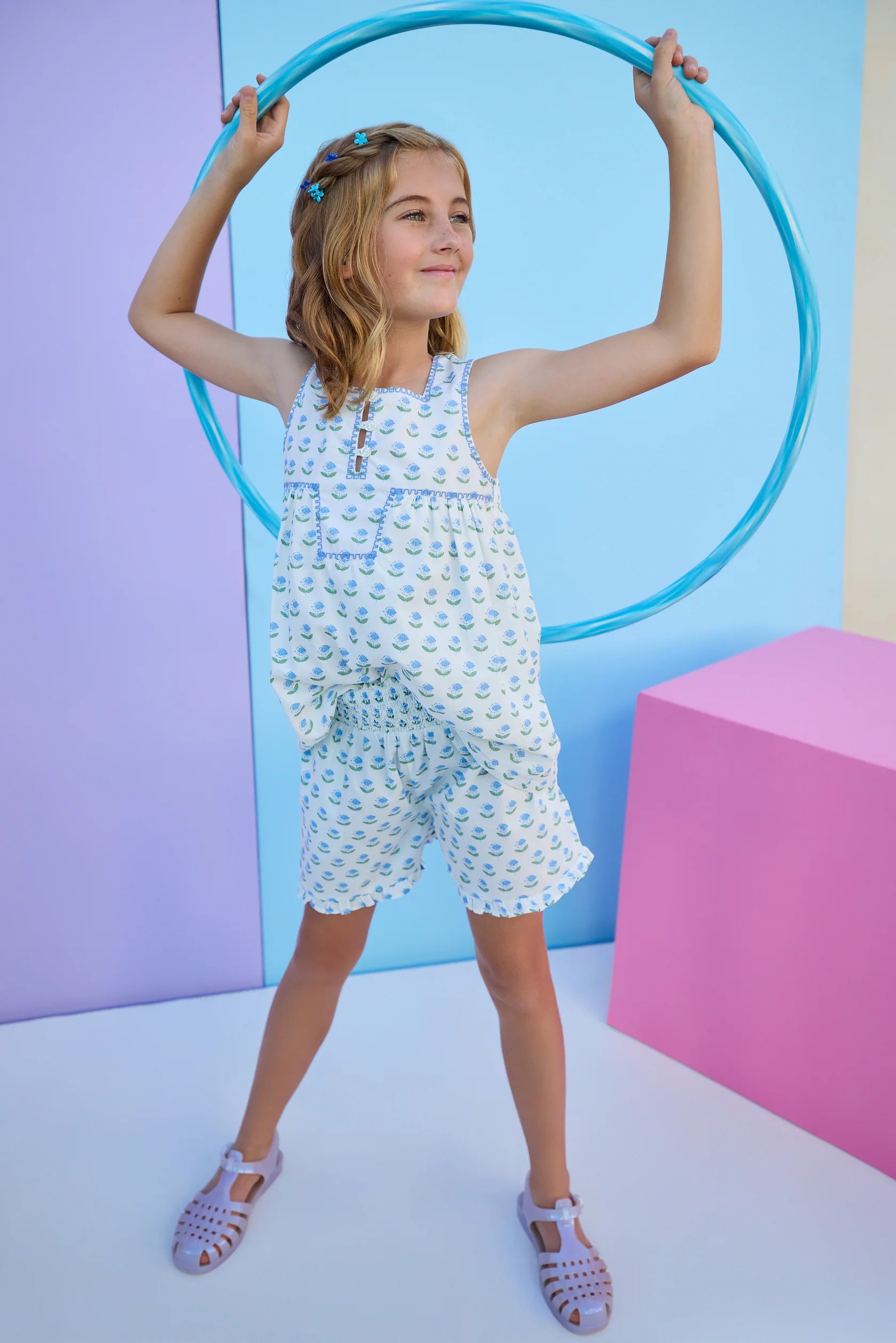 Shirred Ruffle Shorts - Blue Tulip Block Print