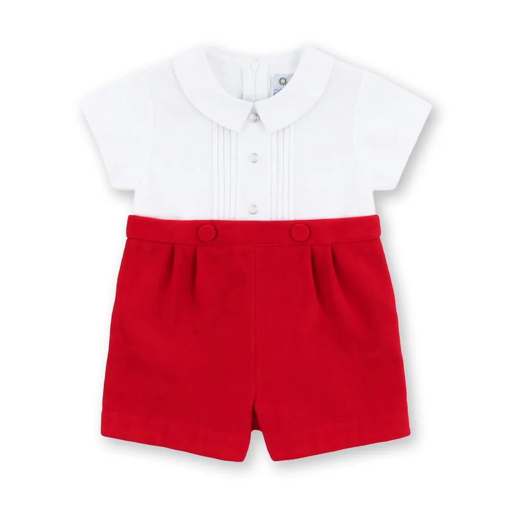 Red Pique And Velvet Short Sleeve All In One Shortall