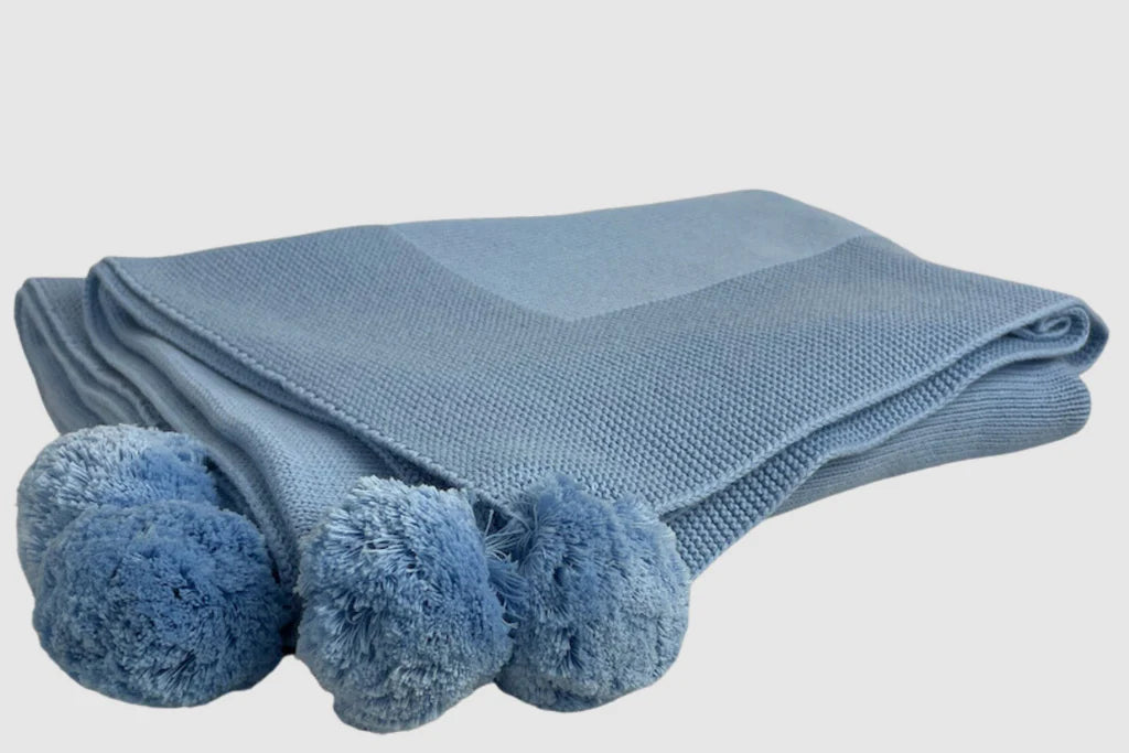 Knit Cotton Blanket with Pompoms