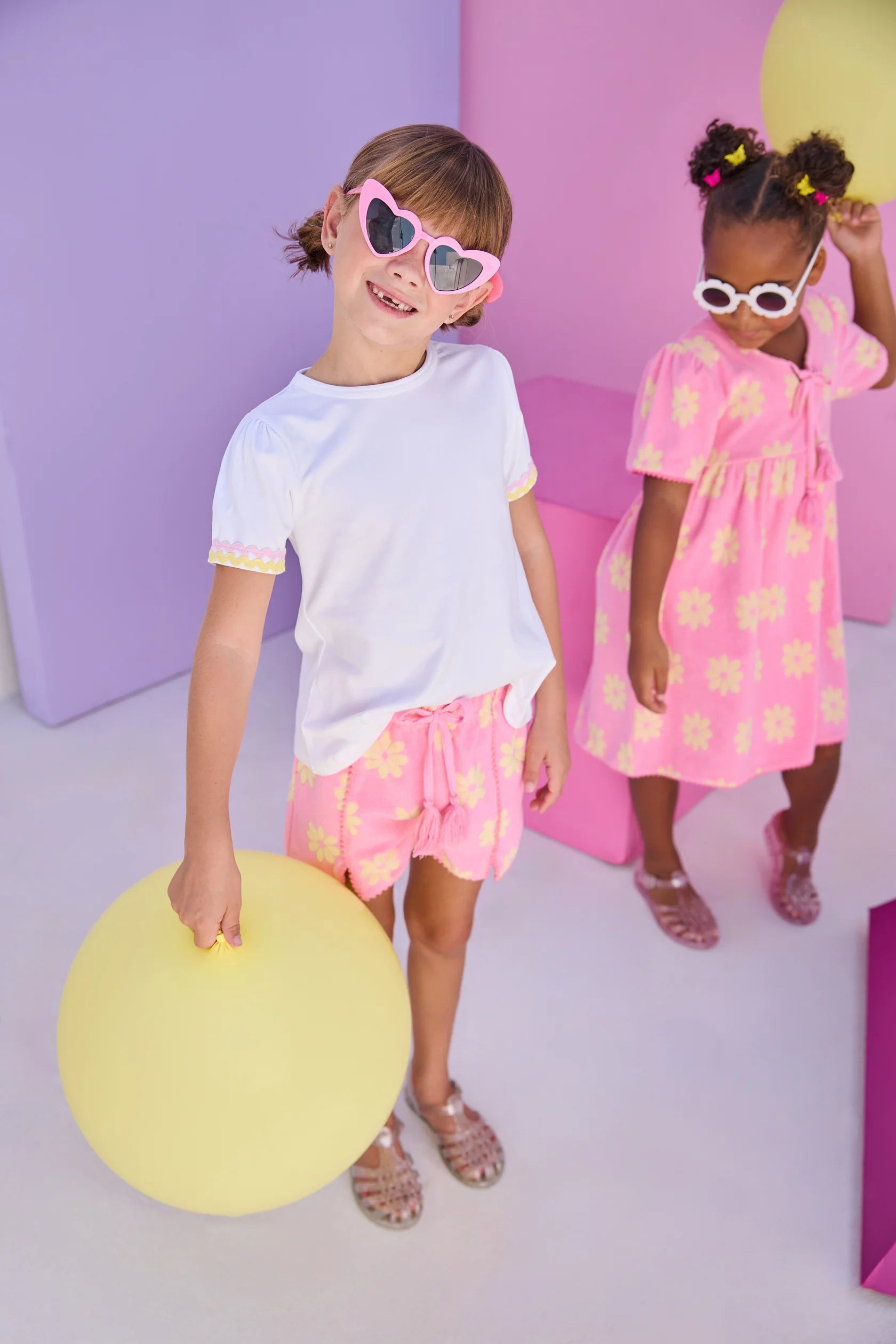 Pom Pom Terry Shorts - Pink Floral Terry