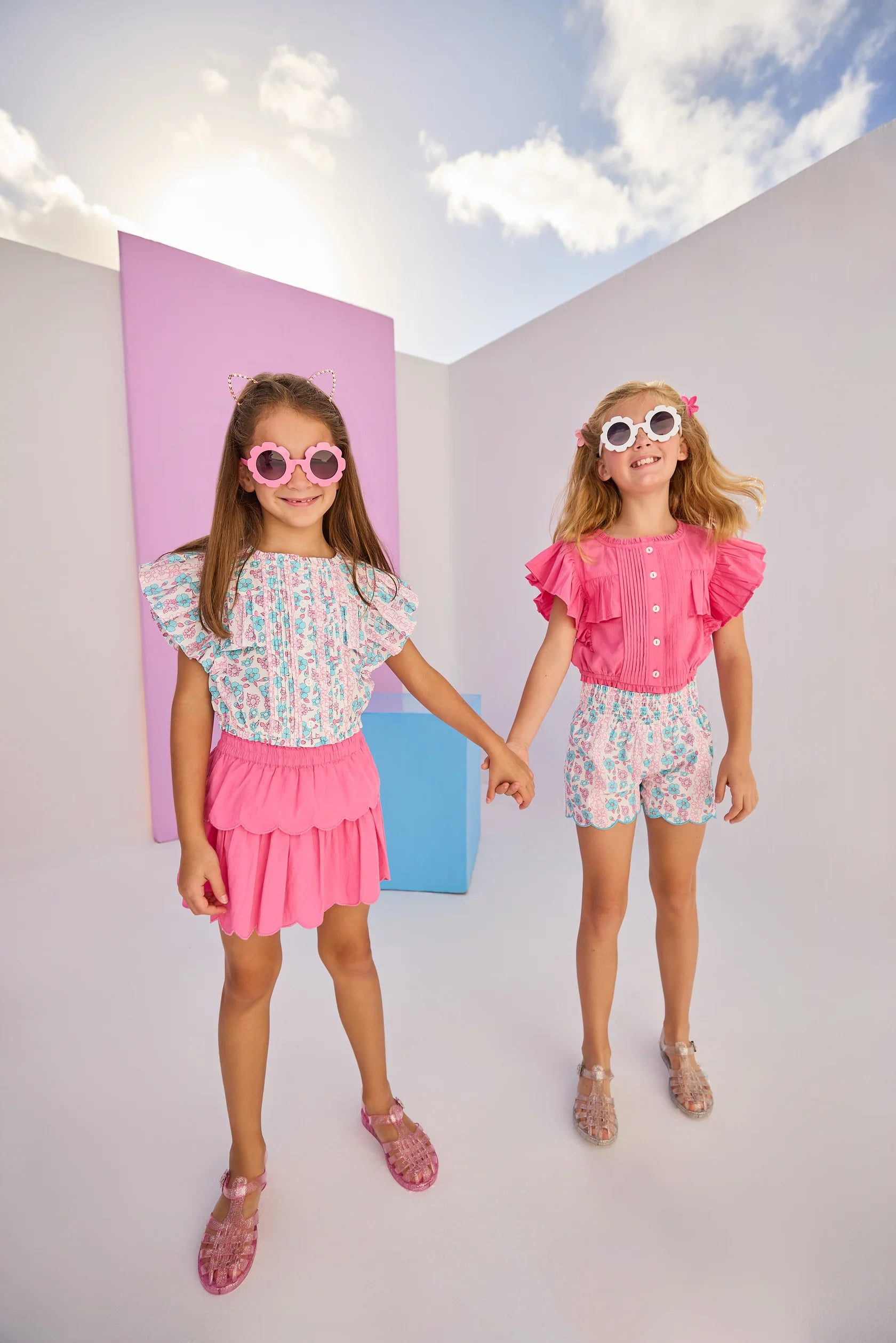 Shirred Scallop Shorts - Marguerite Floral Pink