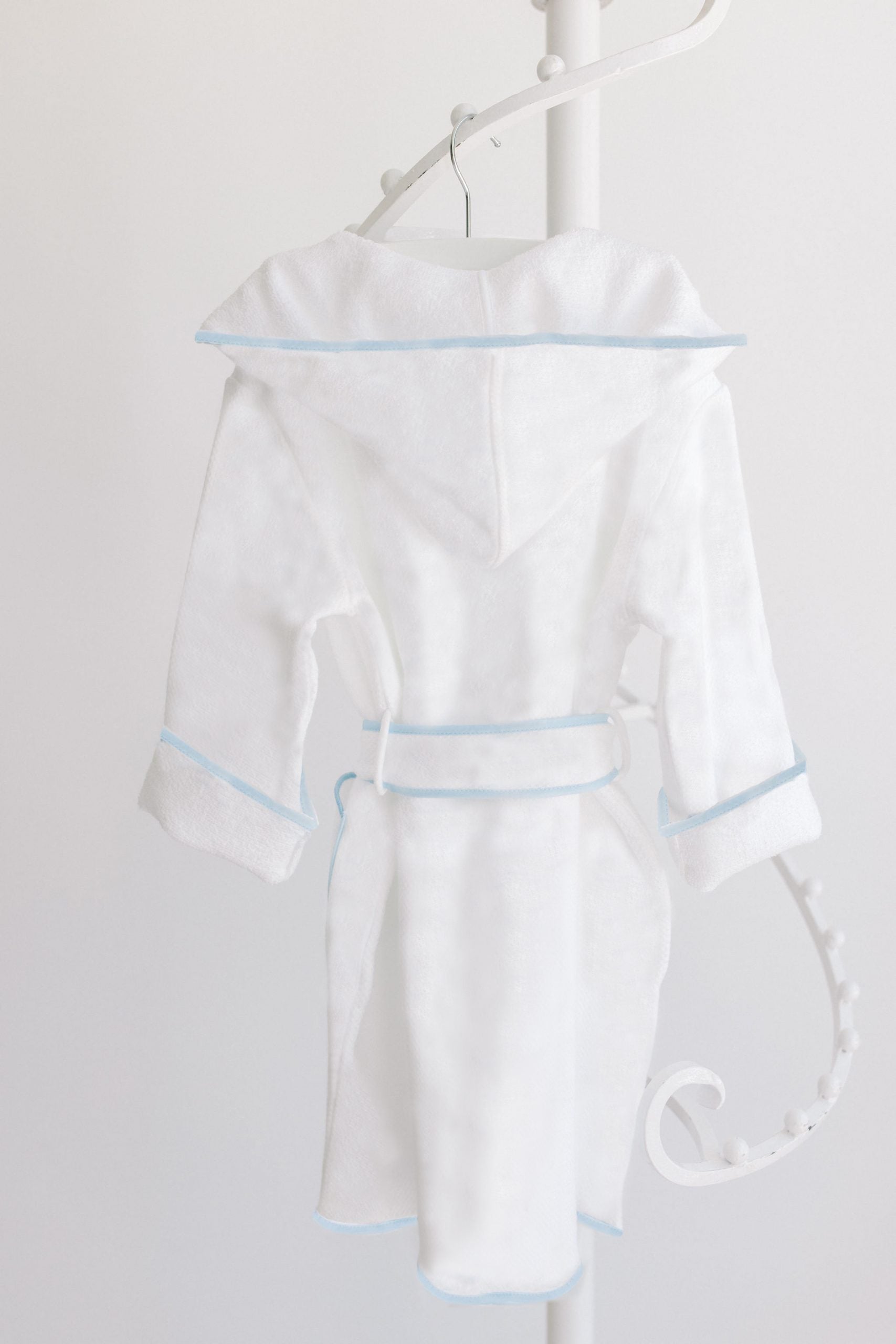 Hooded Bathrobe- White w/ Blue Trim