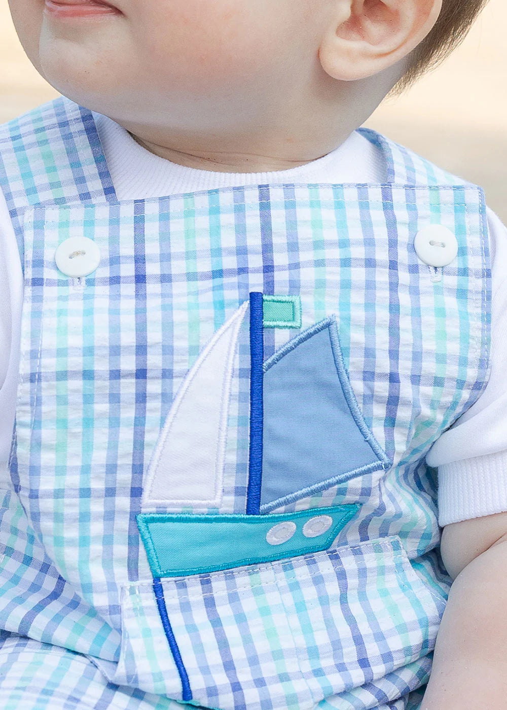 Plaid Seersucker Shortall With Sailboat