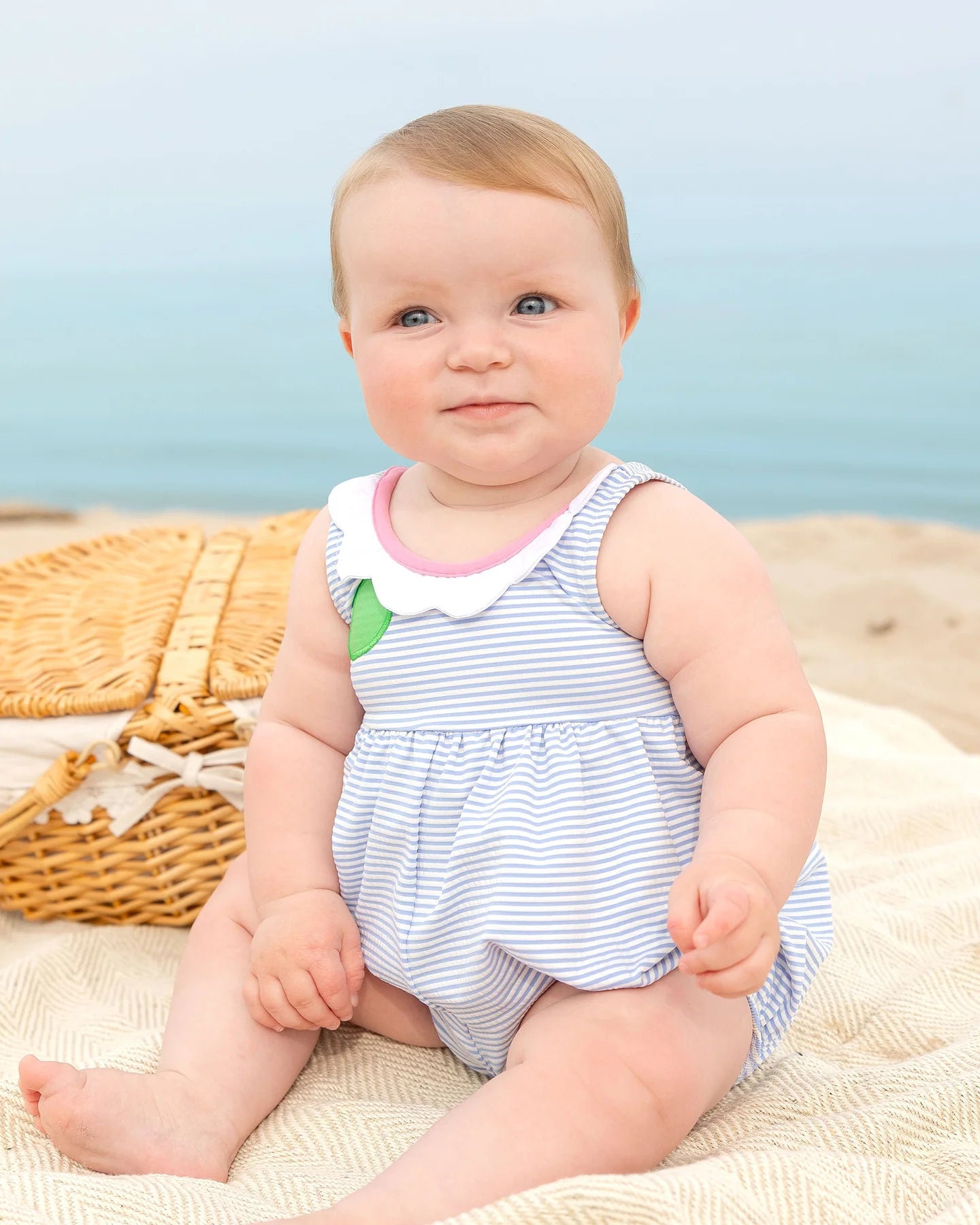 Seersucker Bubble Swimsuit With Petal Neck