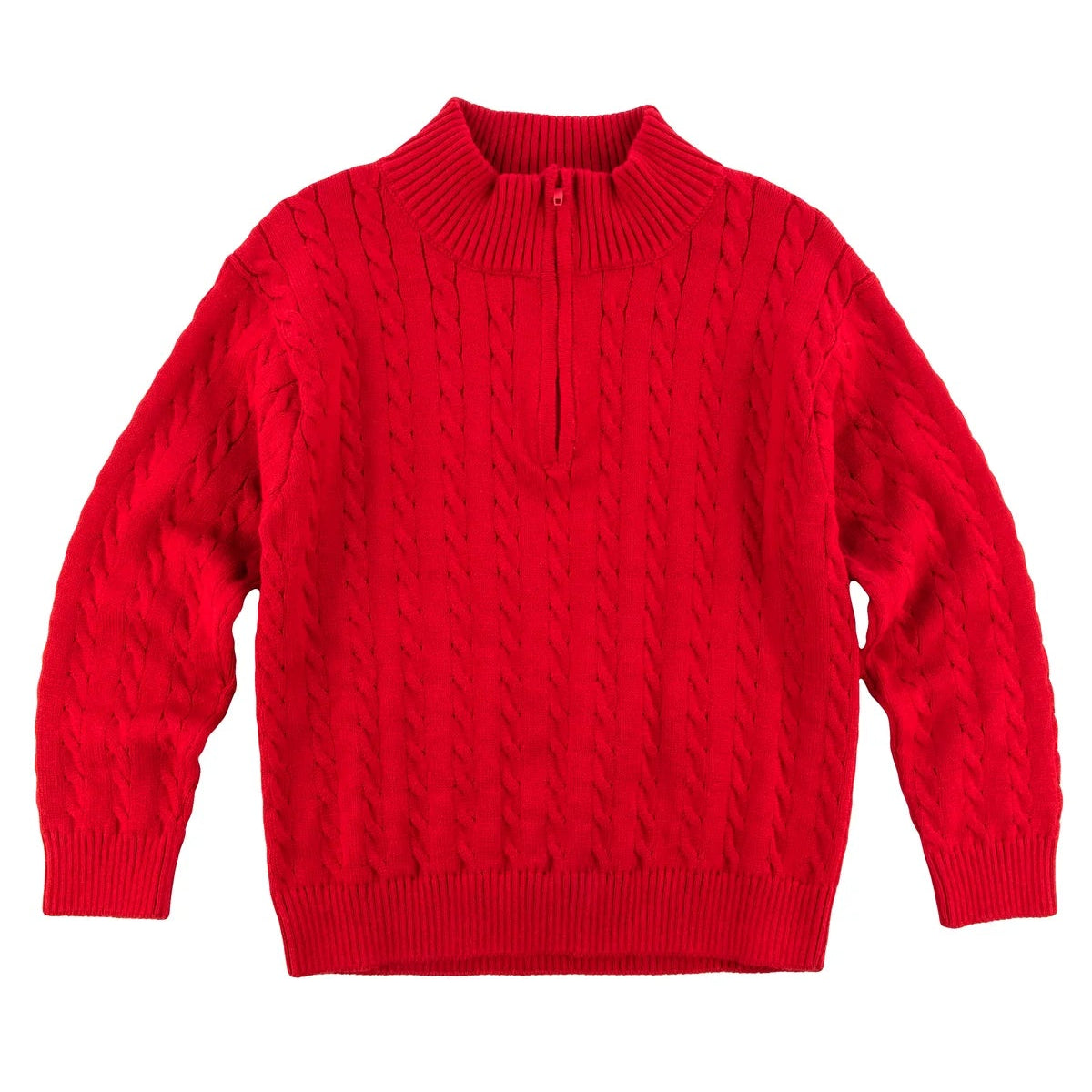 A red cable knit sweater for boys, displayed on a plain background.