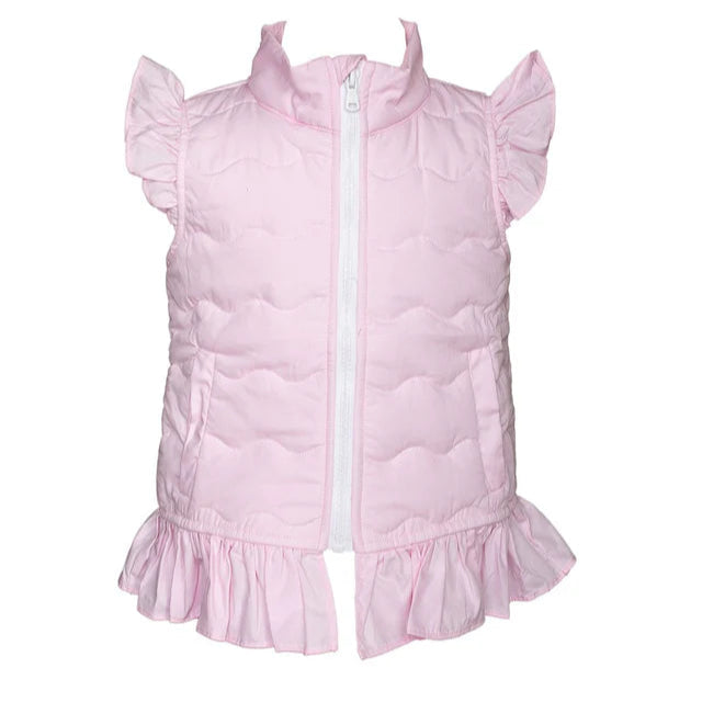 Pink puffer vest with ruffled trim on a white background