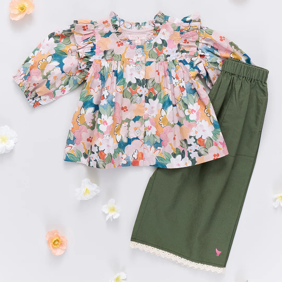 girls kalani button up top- watercolor floral