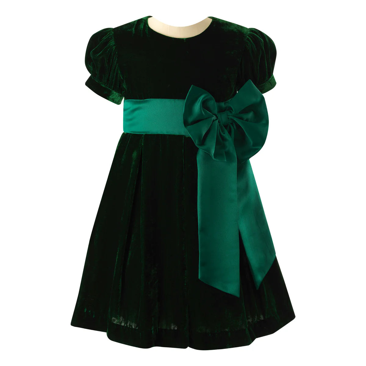 Crushed Velvet Bow Dress- Forest Green