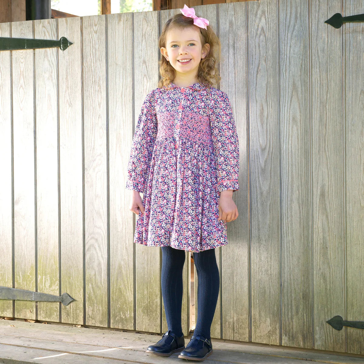 Navy Floral Smocked Button-Front Dress