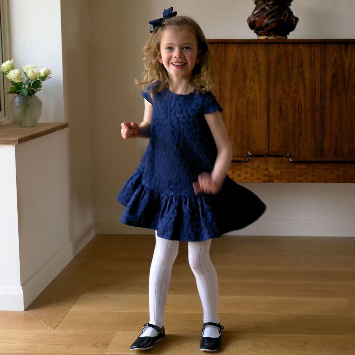 Navy Petal Damask Drop Hem Dress