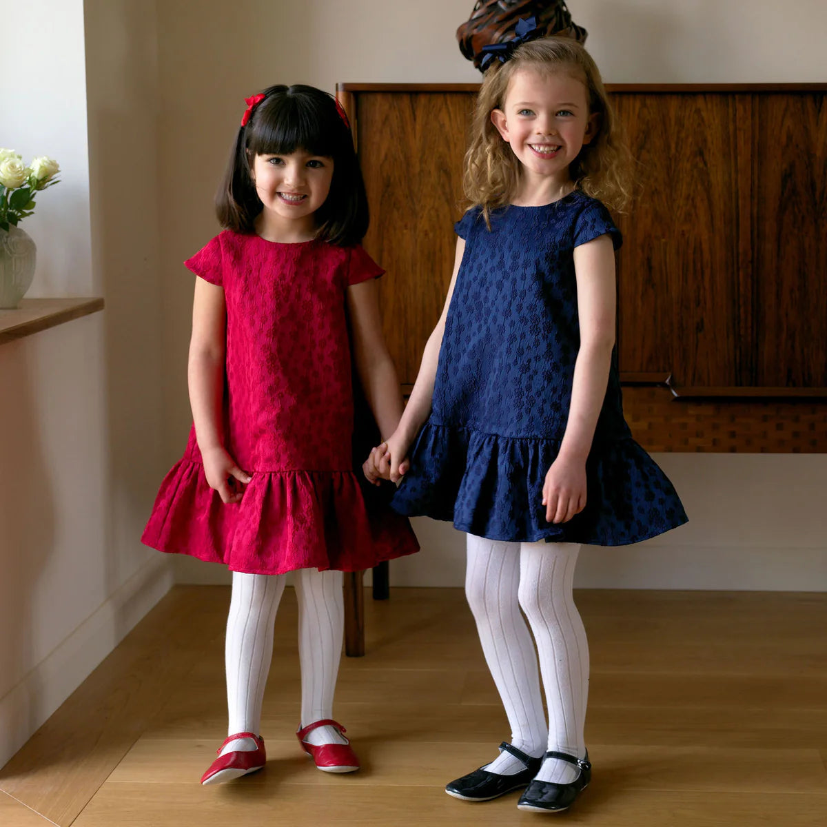 Navy Petal Damask Drop Hem Dress