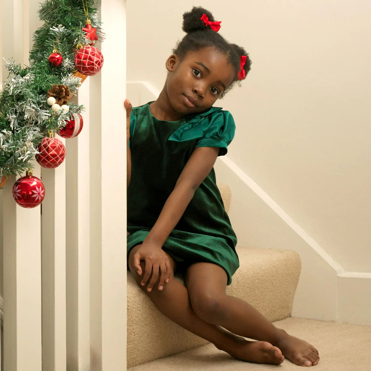 Green Satin Bow Velvet Dress