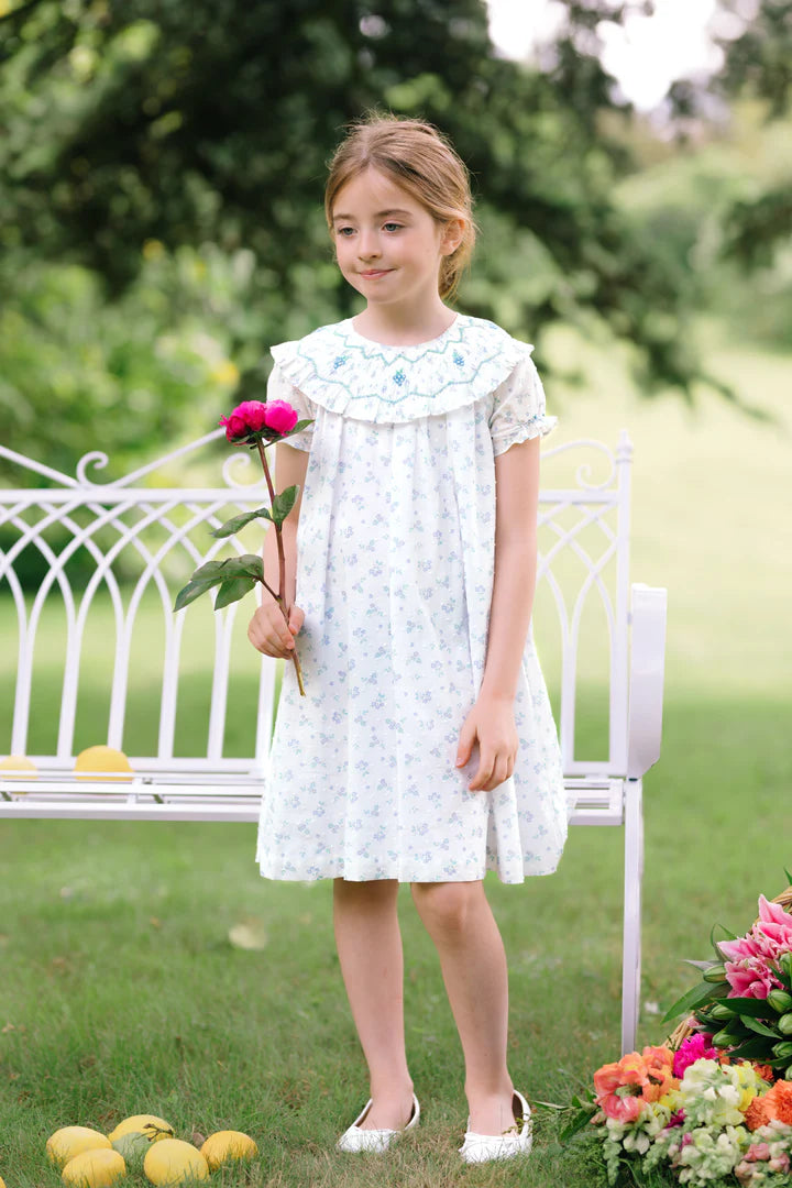 Myrtille Blue floral Short Sleeve Bishop Dress