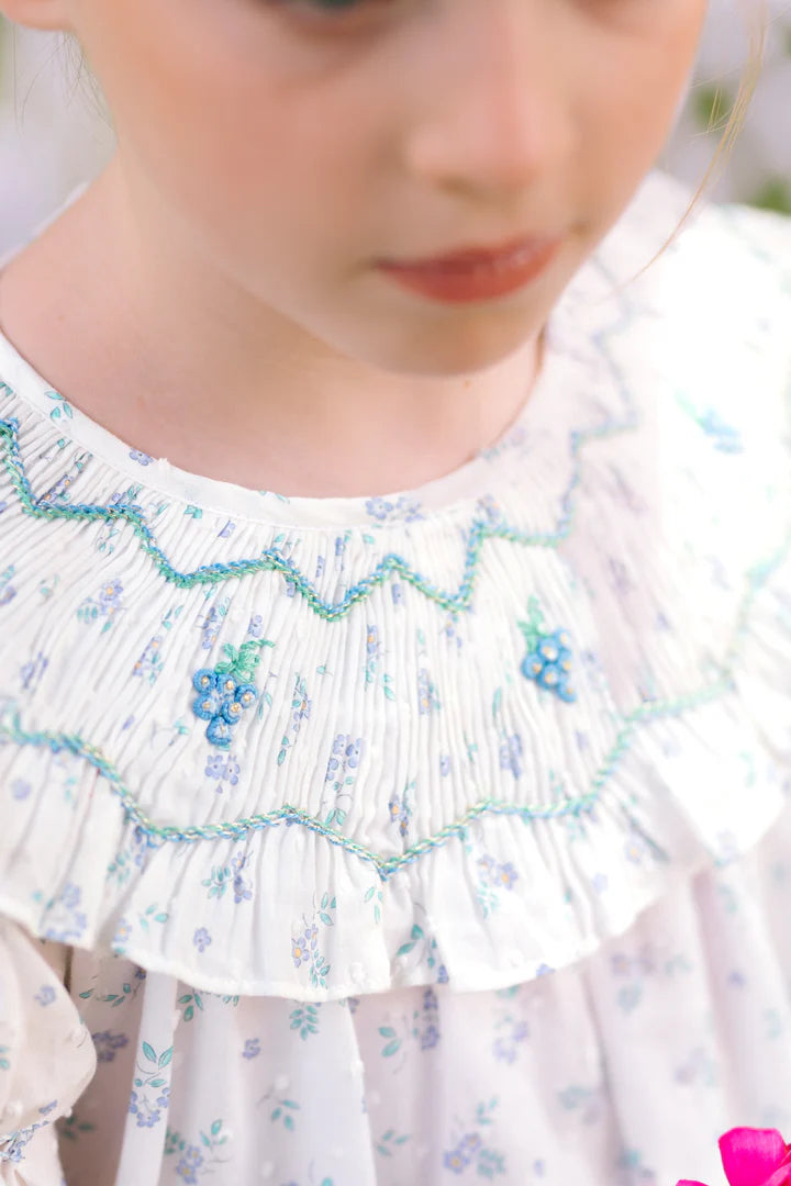 Myrtille Blue floral Short Sleeve Bishop Dress