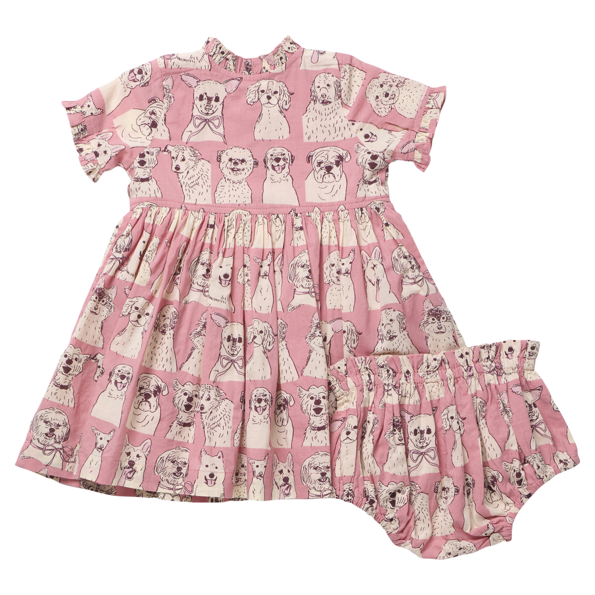 Baby Girl Autumn Dress Set - Pink Sketched Dogs