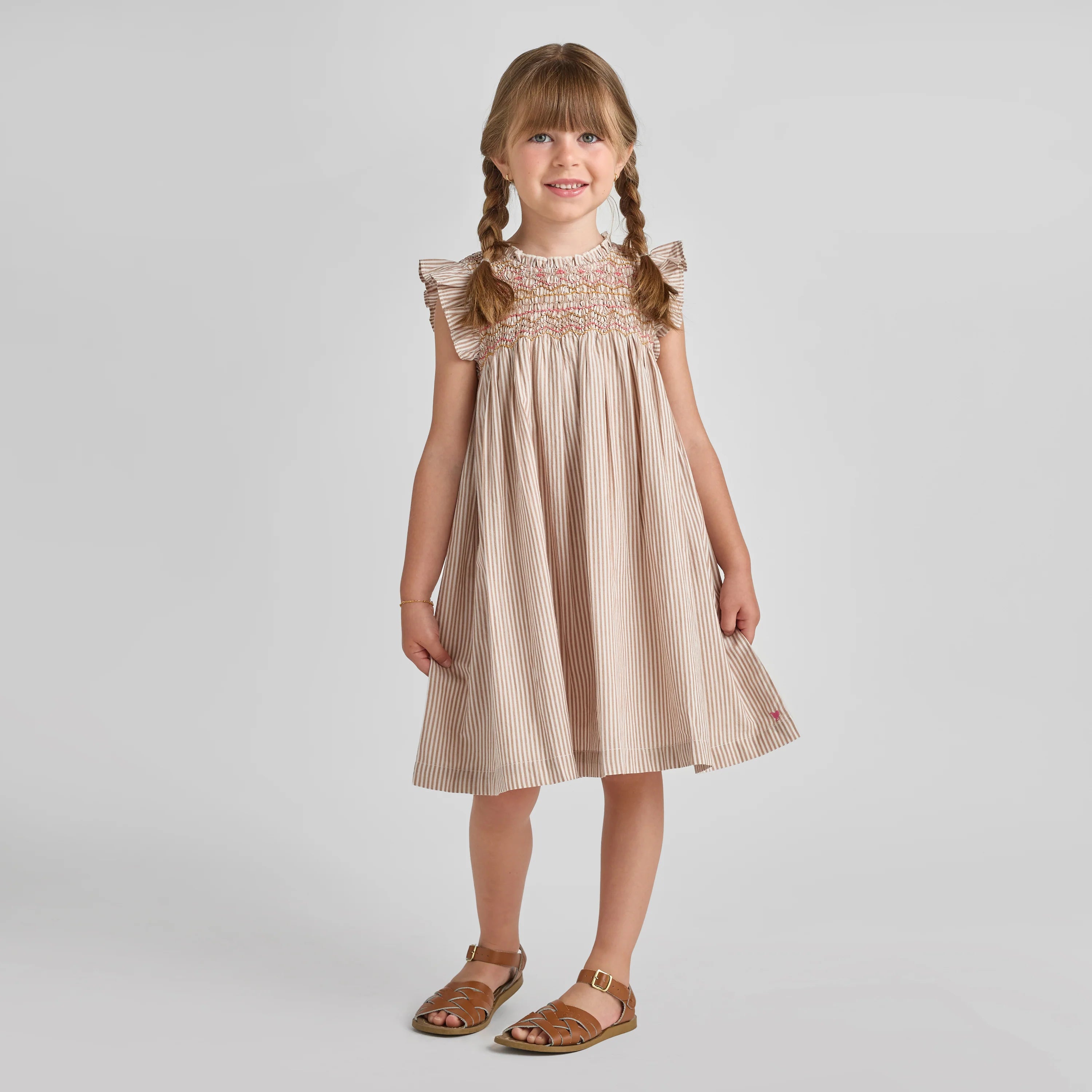 girls stevie dress- tawny brown stripe