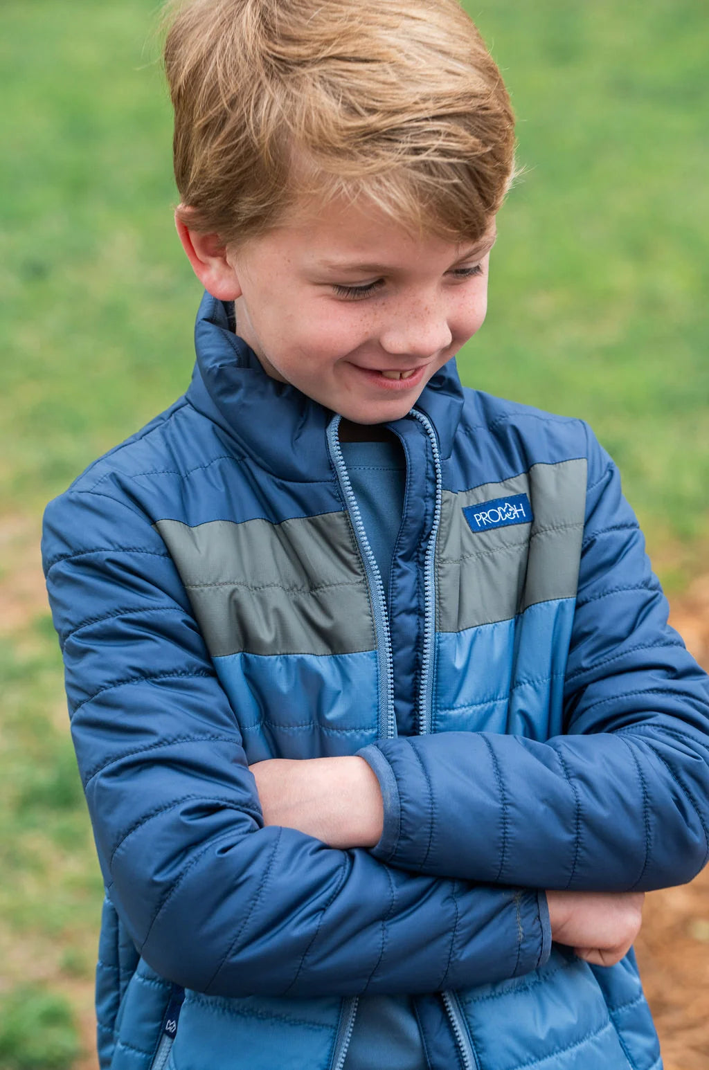 Boys Colorblock Puffer Jacket in Dark Denim Blue