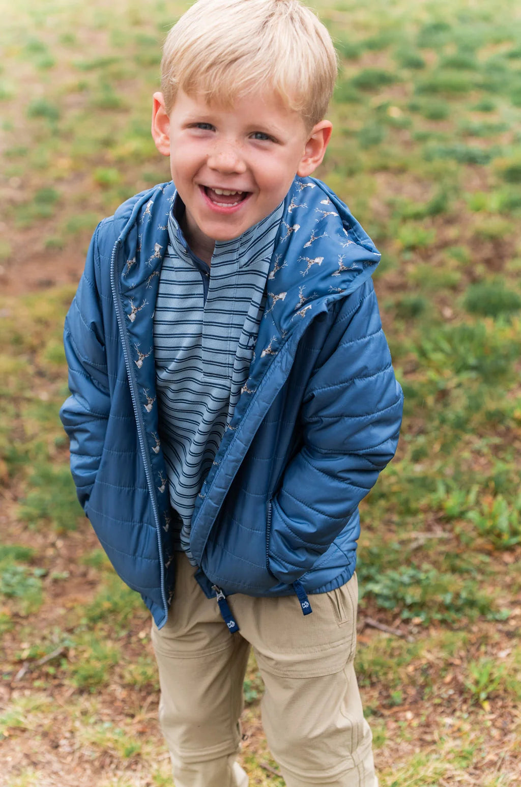 Boys Hooded Puffer Jacket in Faded Blue with Deer Head Printed Liner