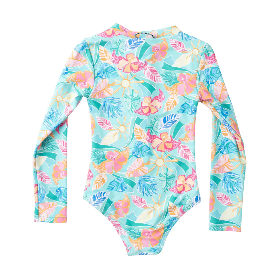 Girls' Long Sleeve Surf & Turf Zip Front Swimsuit — Tropical Palm Print