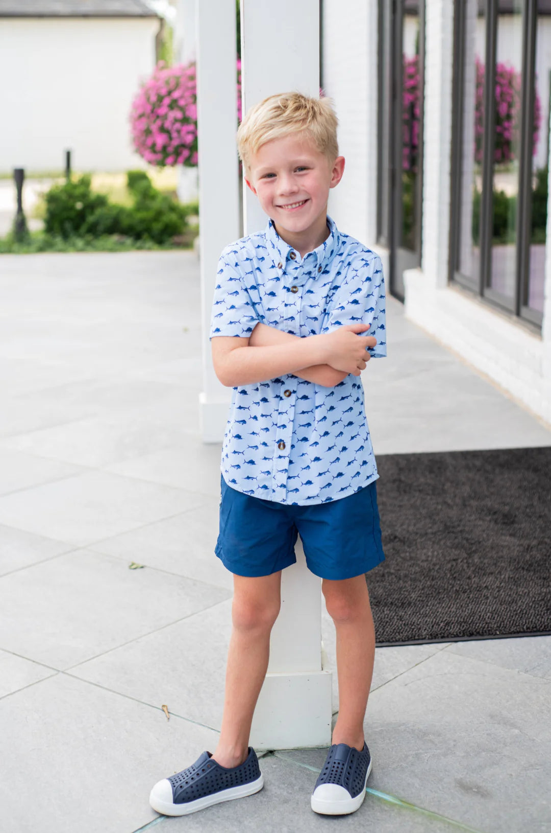 Boys' Outrigger Performance Shorts in Classic Navy Peony