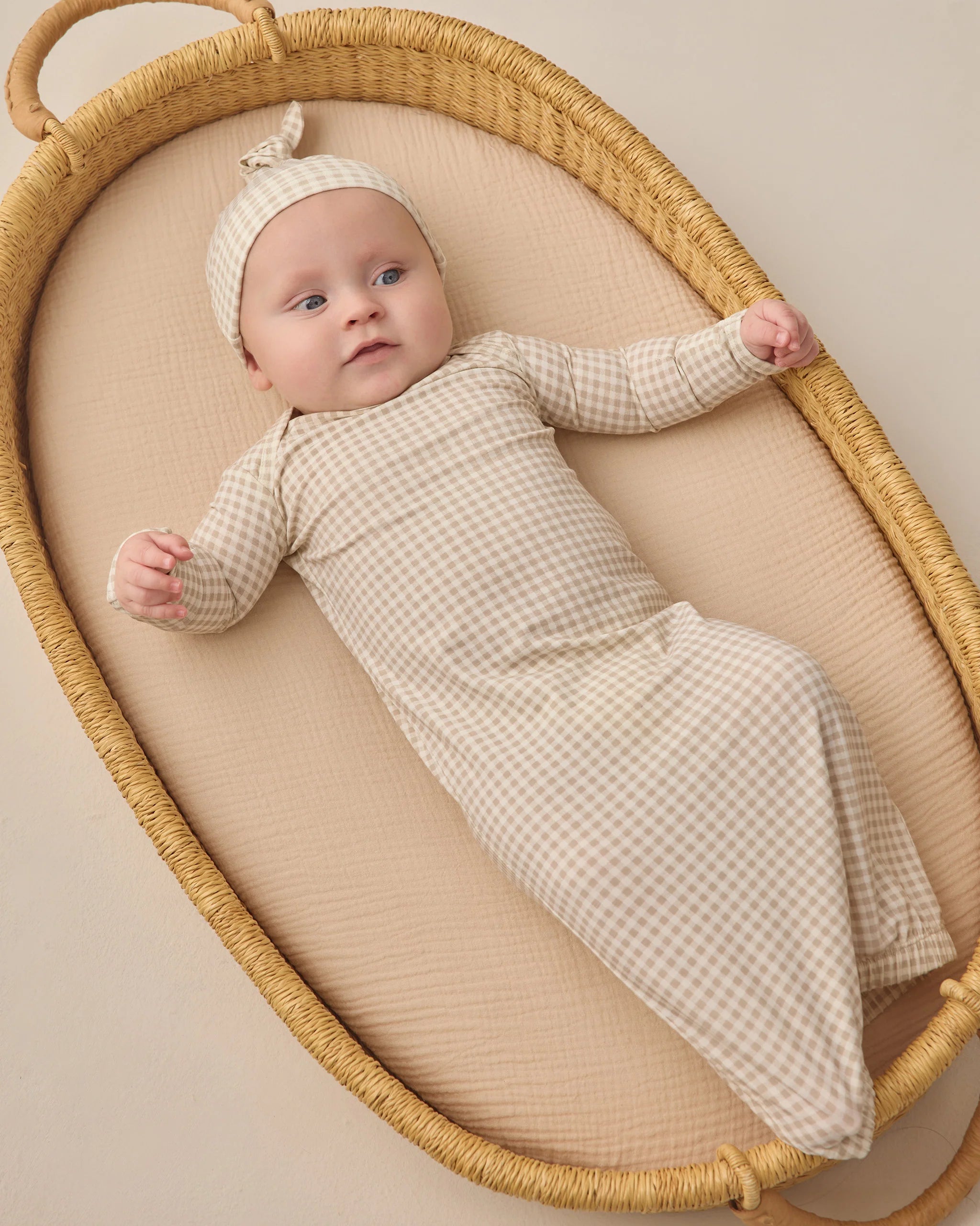 Bamboo Baby Gown + Hat Set- Oat Gingham
