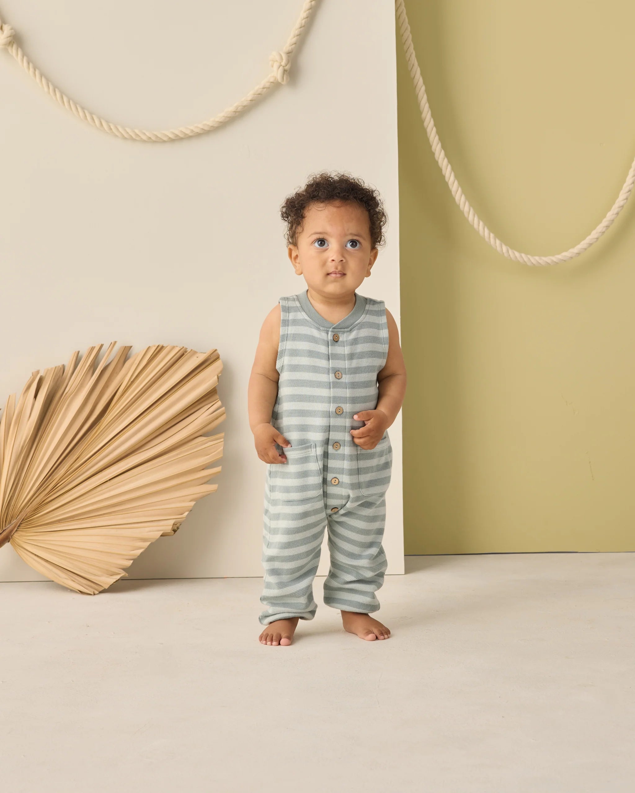 Summer Waffle Jumpsuit | Sea Green Stripe