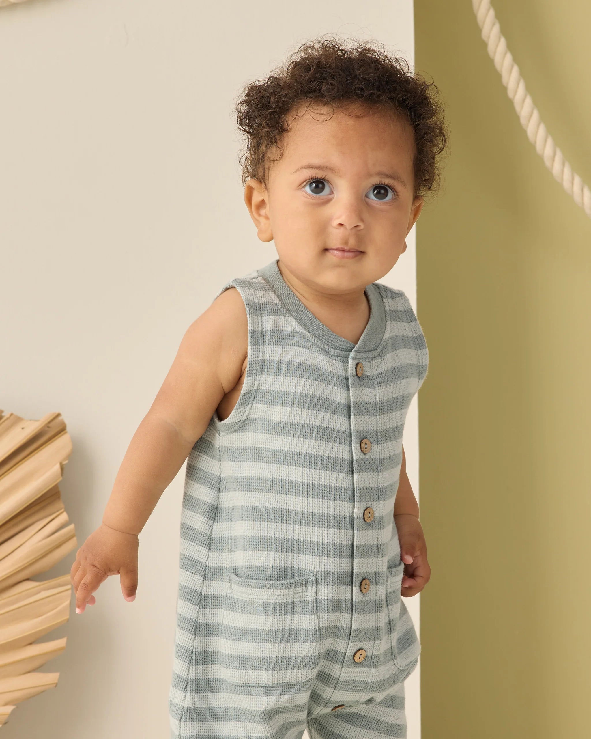 Summer Waffle Jumpsuit | Sea Green Stripe