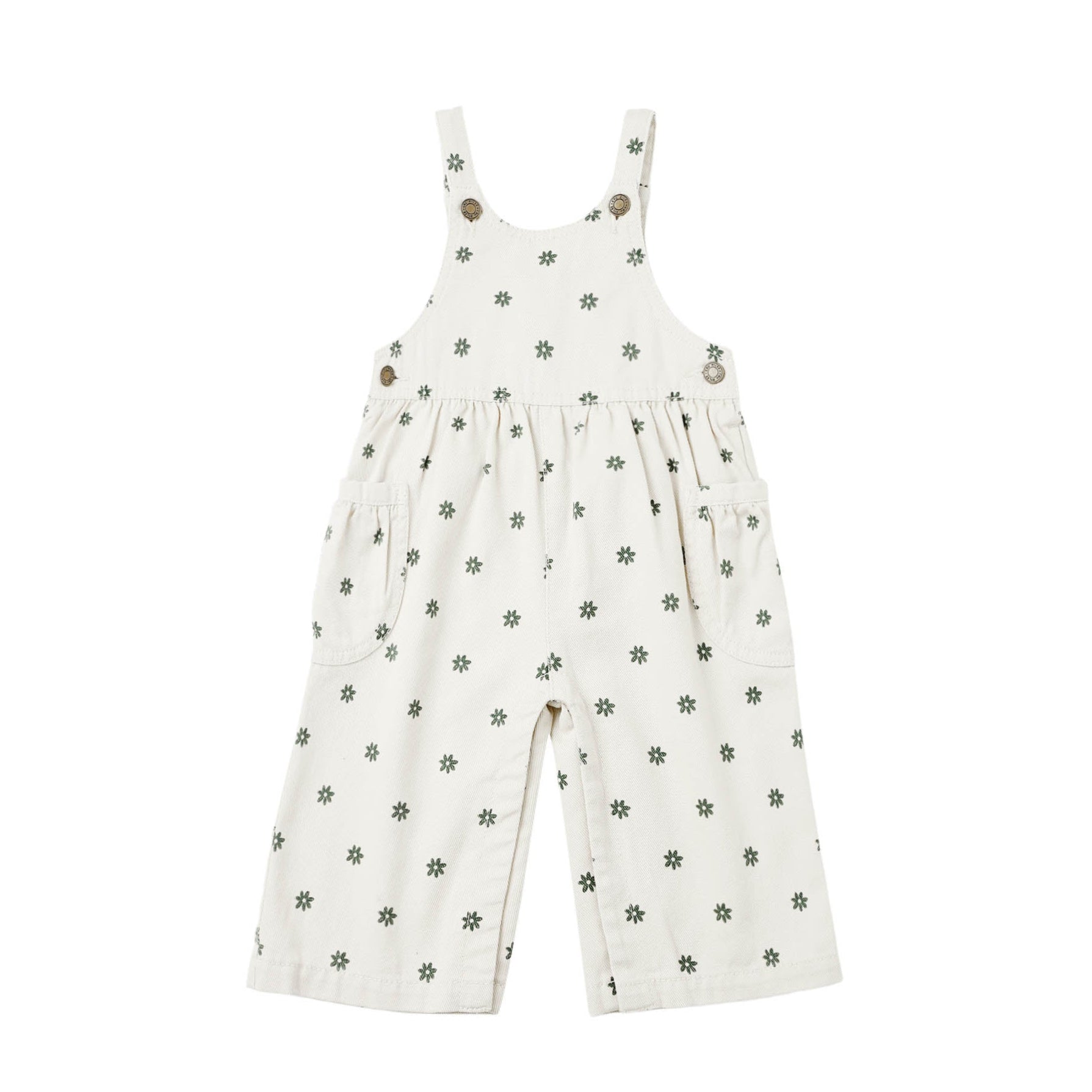 White overalls with black floral pattern on a white background