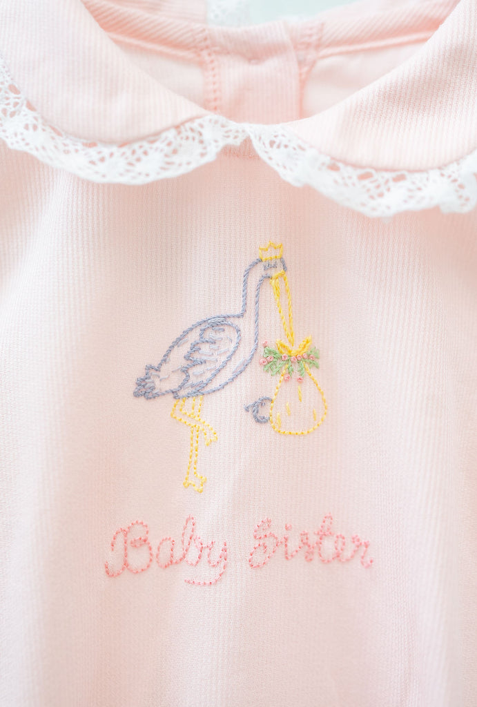 Baby Sister Embroidered Stork Bubble