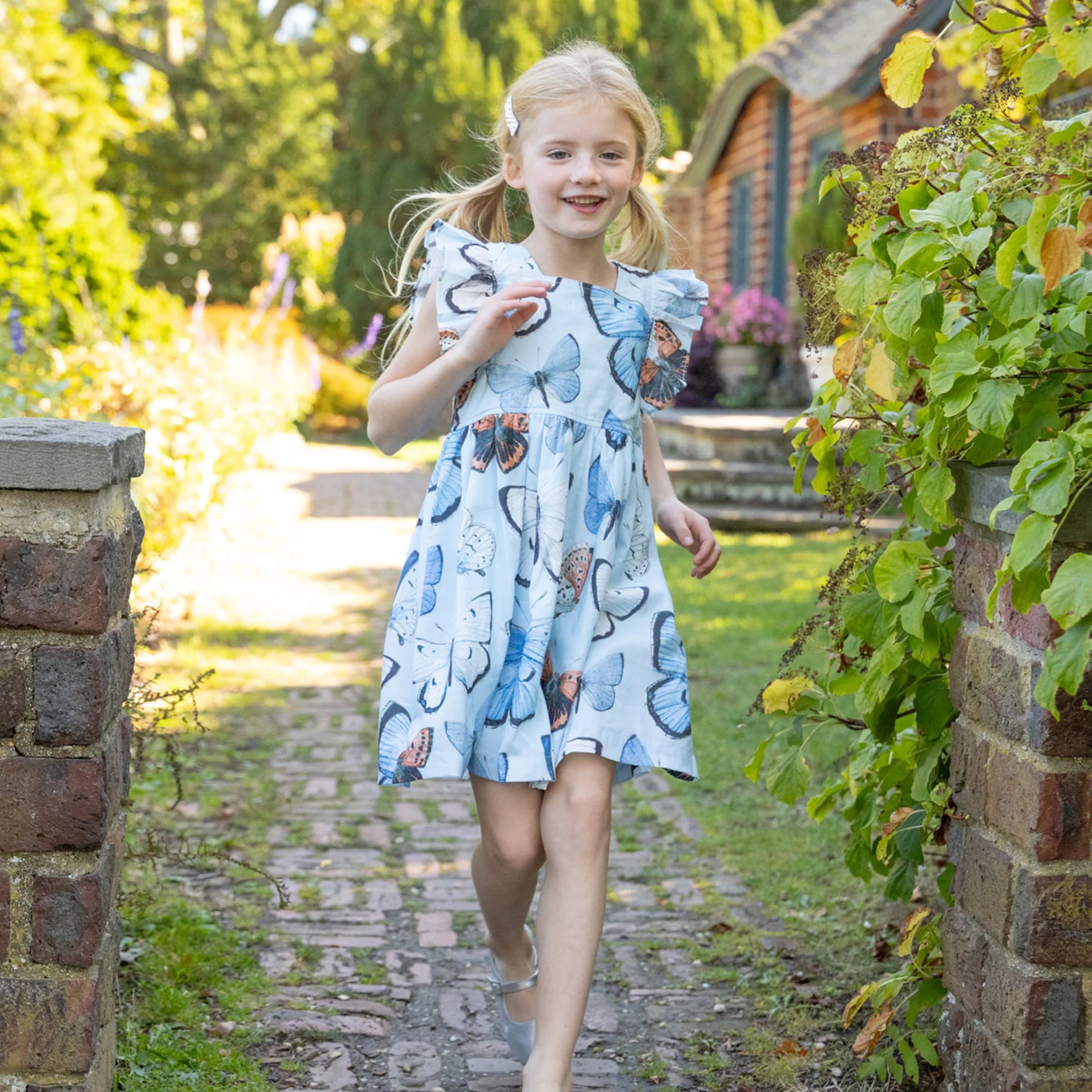 girls elsie dress- blue vintage butterflies