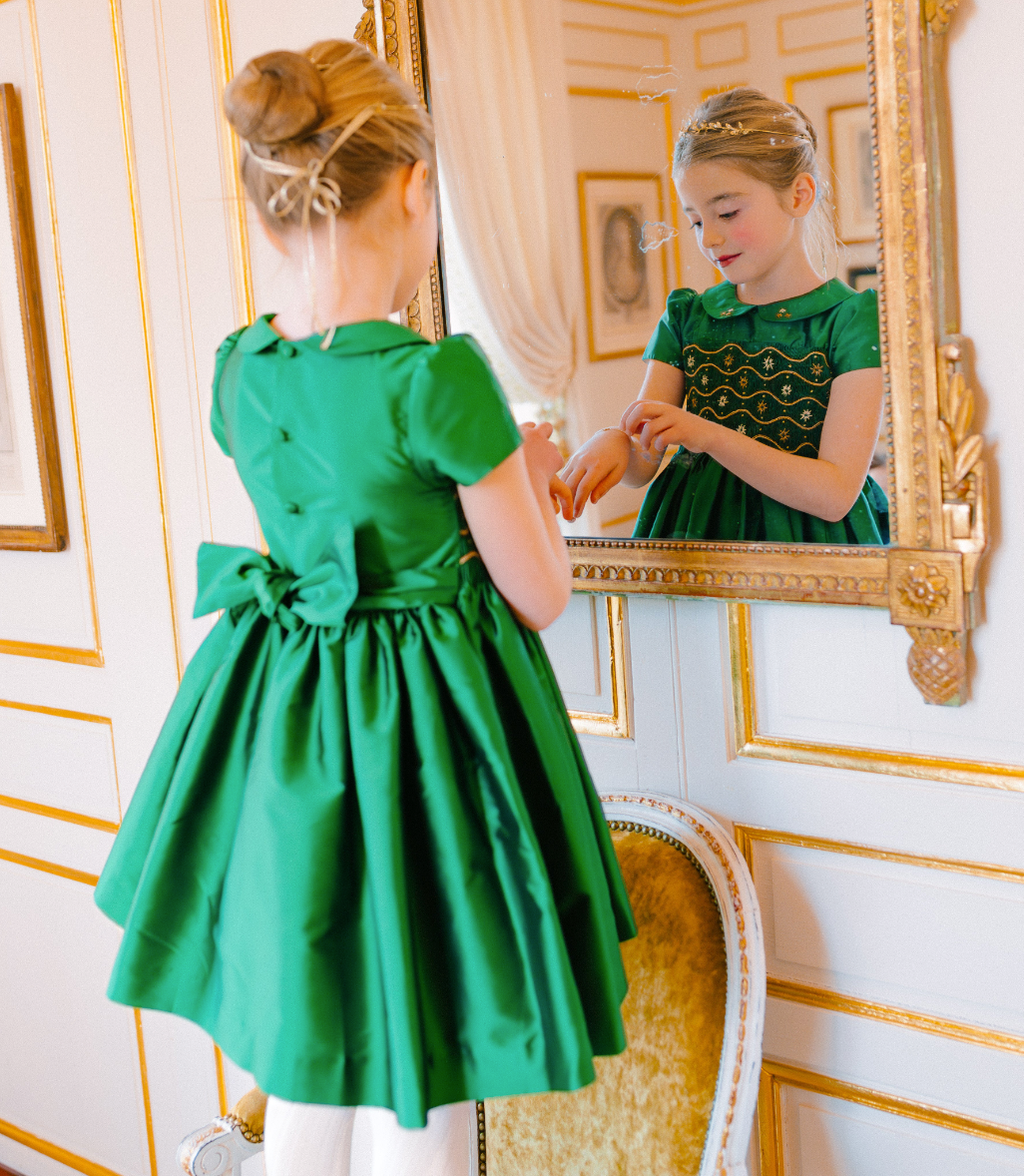 Stella Green Silk Short Sleeve Smocked Dress