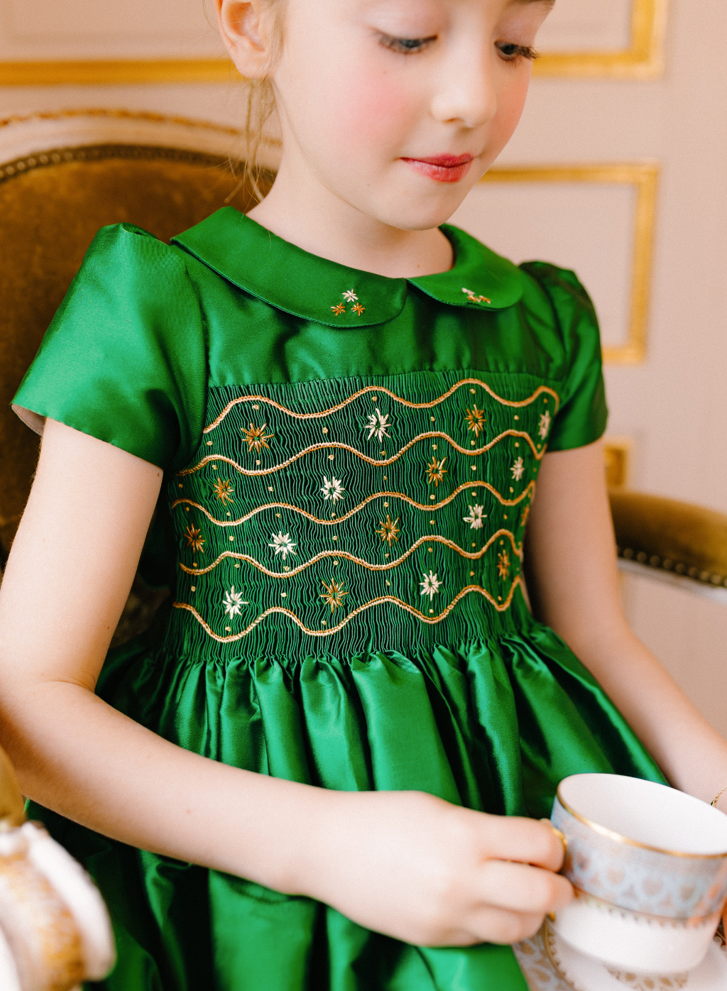 Stella Green Silk Short Sleeve Smocked Dress