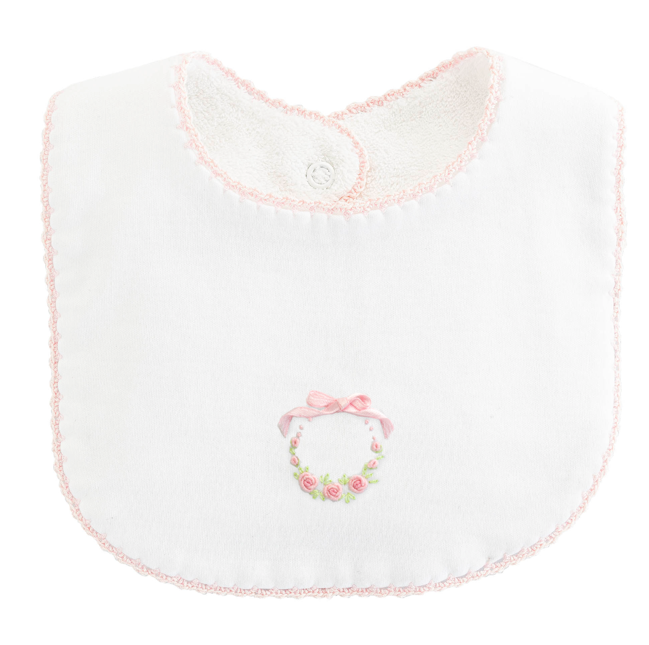 Bows And Roses Embroidered Pima Bib With Crochet Trim
