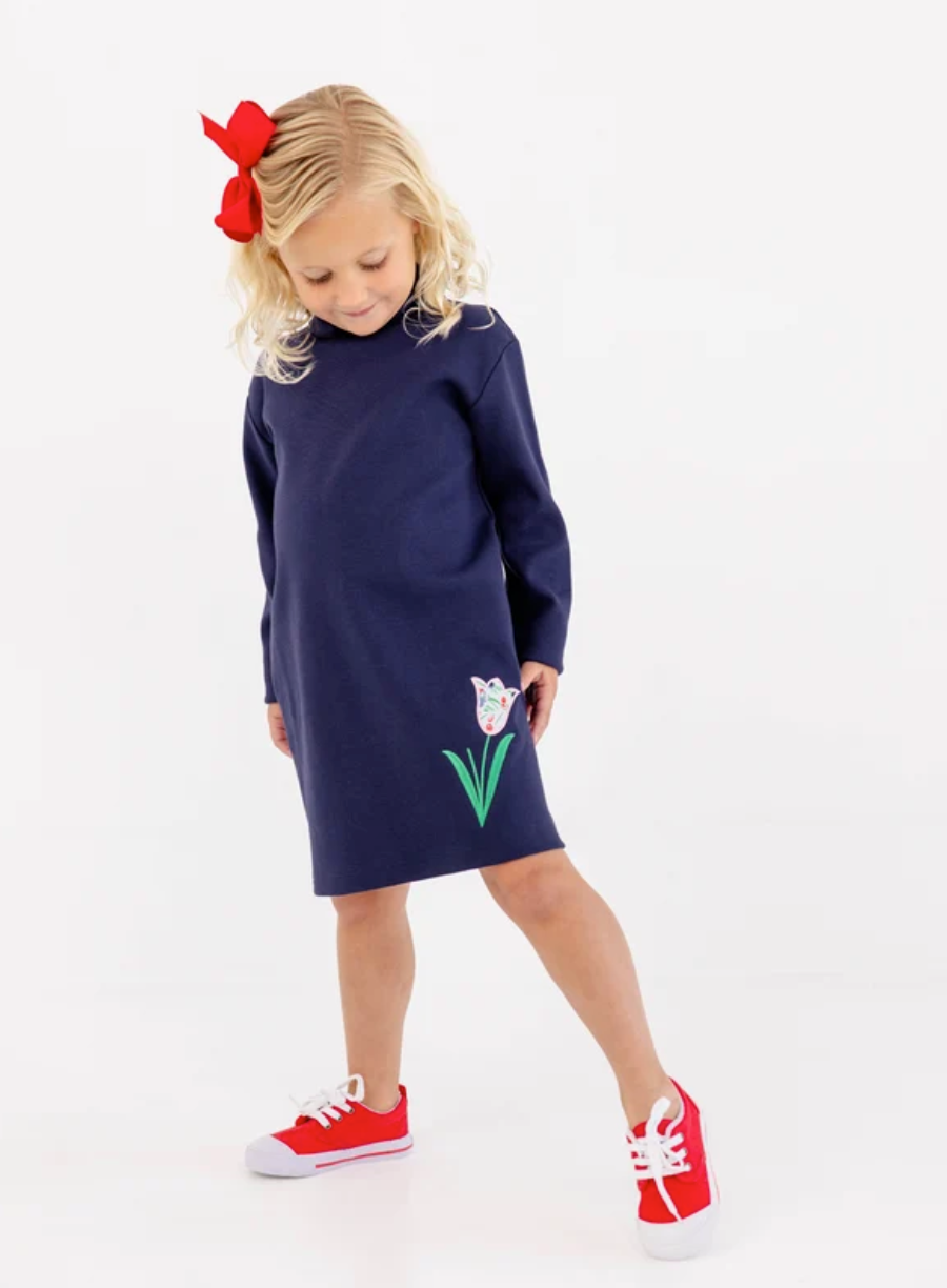 Tatum's Turtleneck Dress- Nantucket Navy with Fair Street Floral Tulip Applique