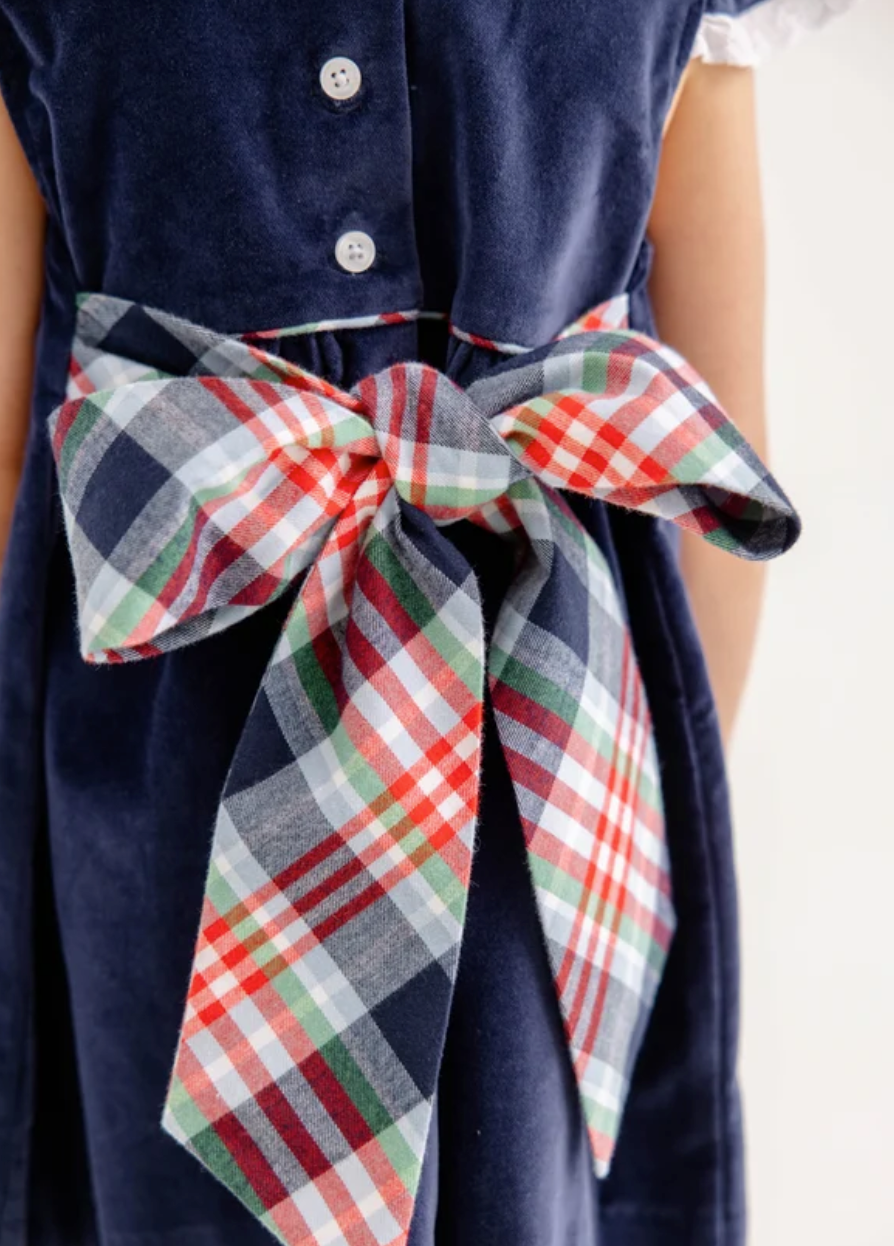 Franny Frock- Nantucket Navy Velveteen with Covington Cottage Plaid