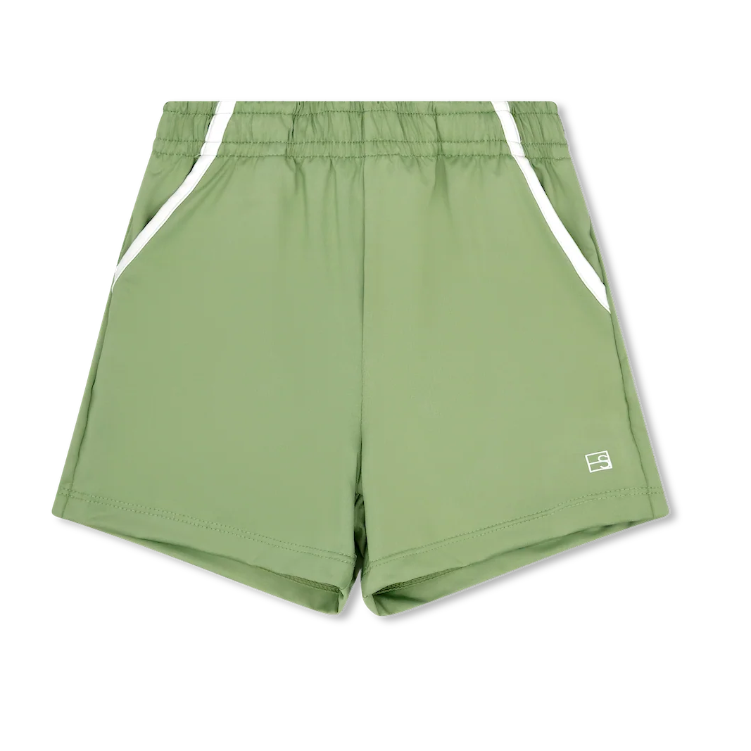Green shorts with white accents on a white background