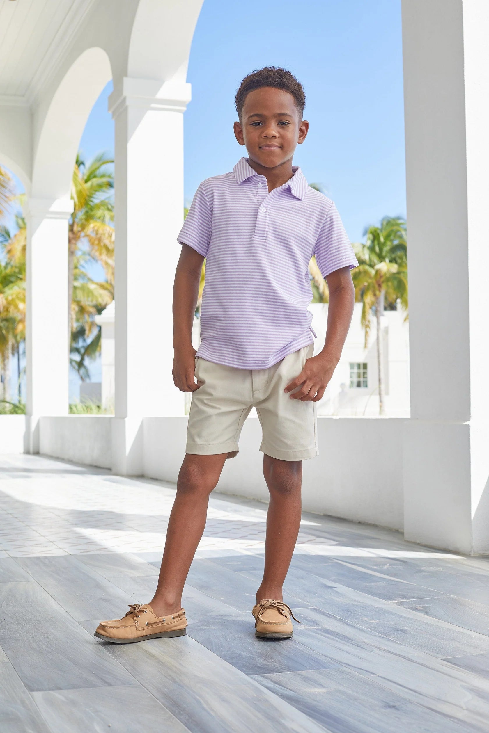 Short Sleeve Polo Shirt- Lavender Stripe