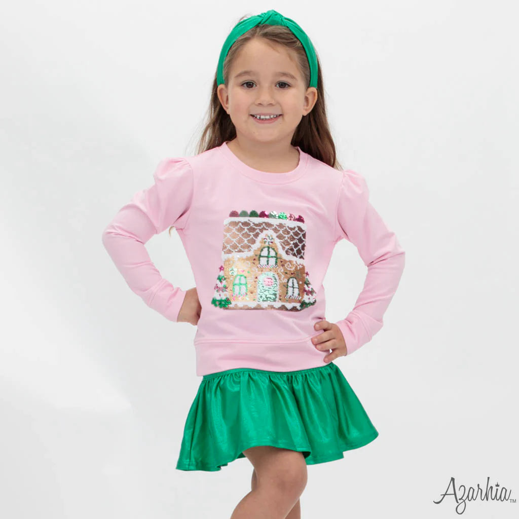 Pink Holly Sweatshirt- Gingerbread House
