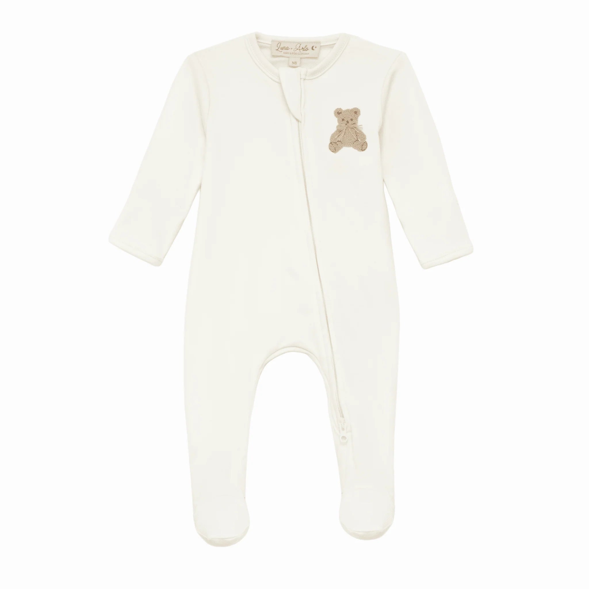 Bear Hugs Hand-Embroidered Zip Footie - Ivory