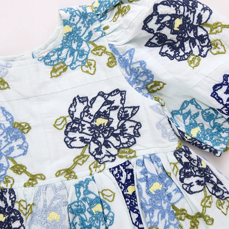 Girls Brooke Dress- Blue Quilt Flower Embroidery