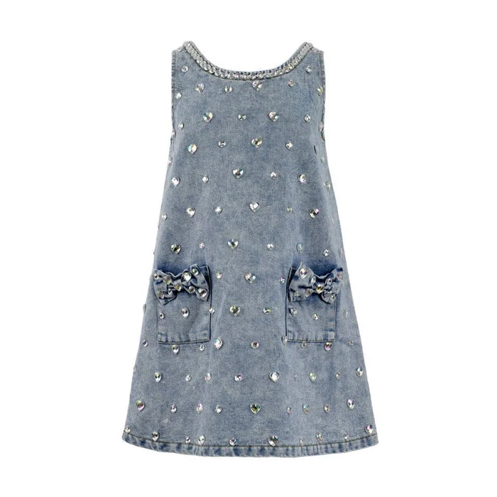 Crystal Heart Denim Bow Dress