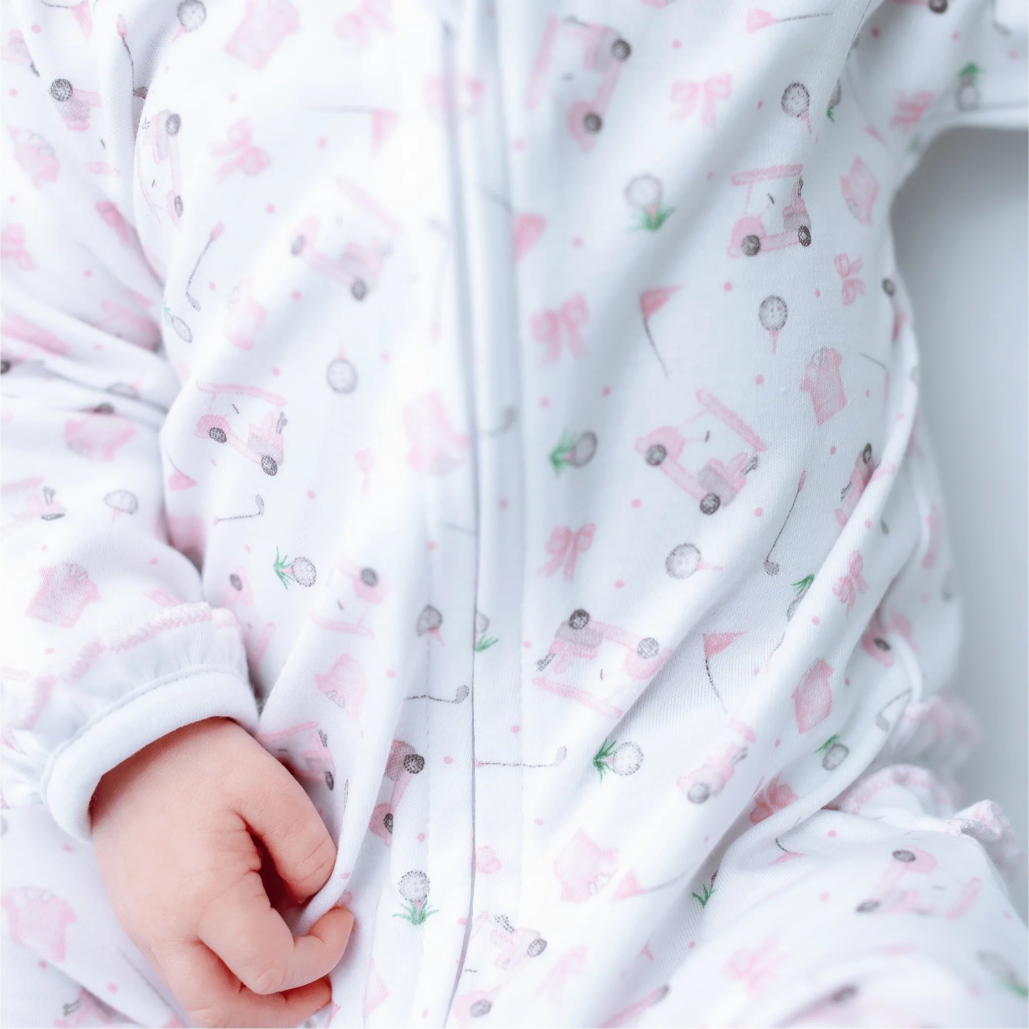 Little Golfer Print Ruffle Zip Footie - Pink