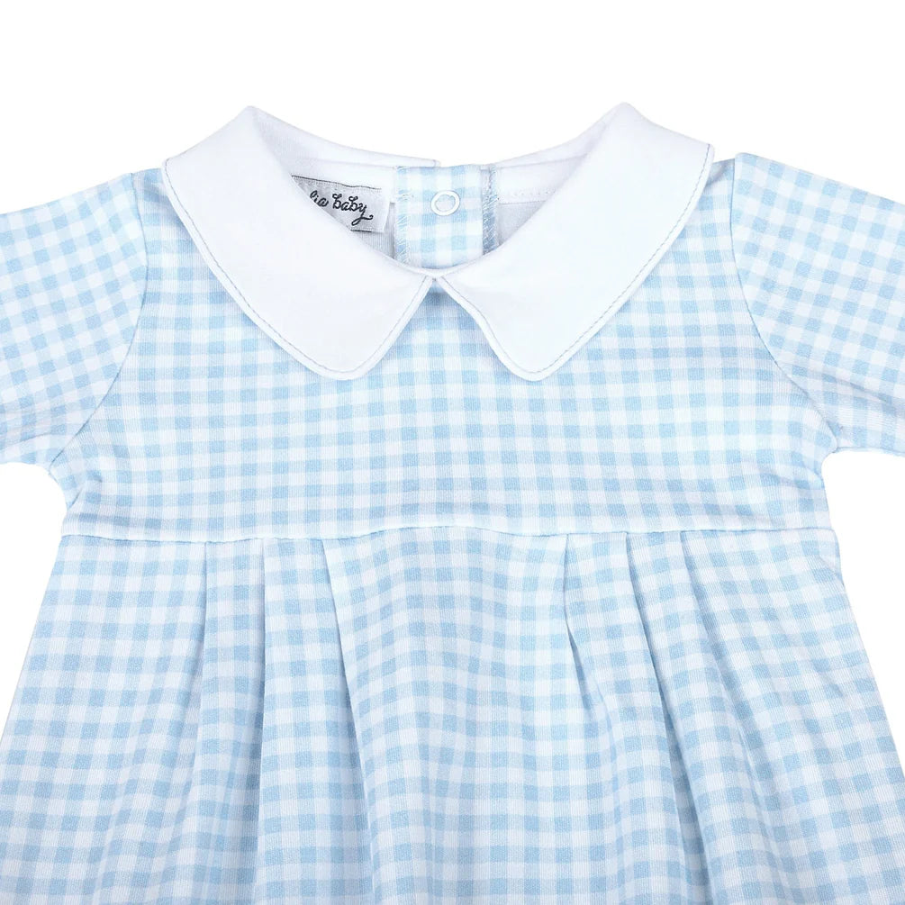 Mini Checks Collared Pleated Gown - Blue