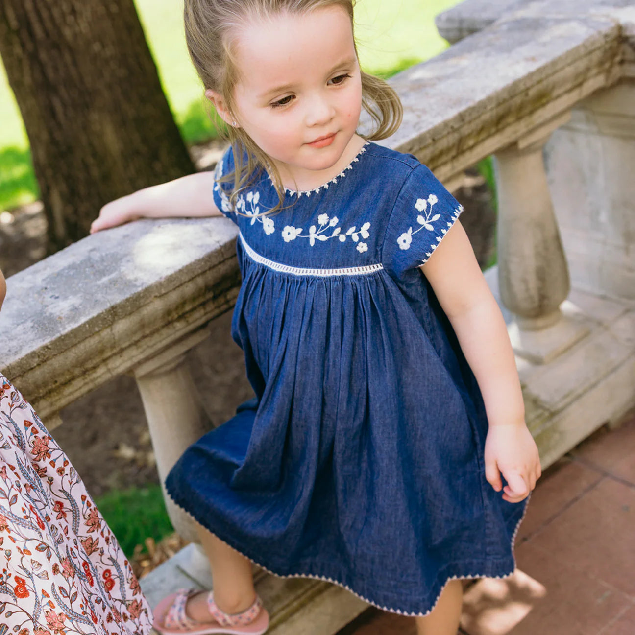 girls chambray embroidered cap sleeve dress