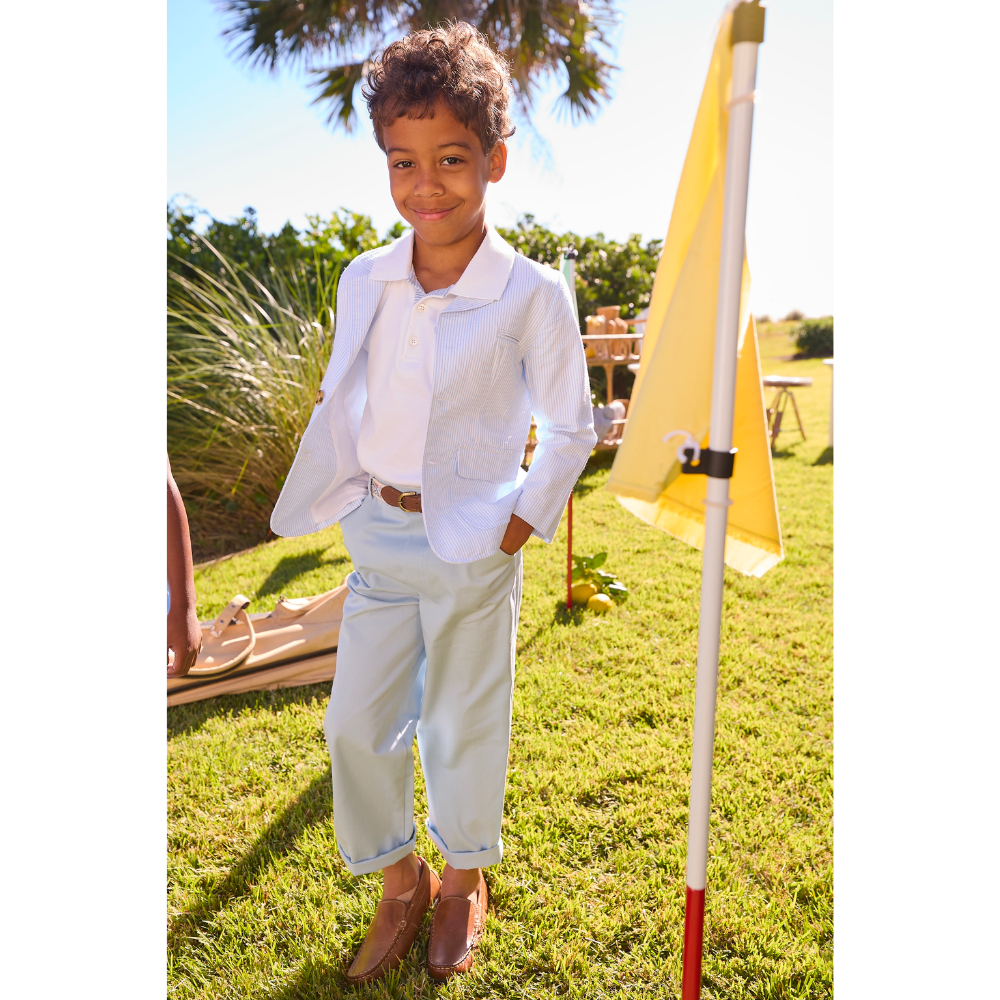 Blue Seersucker Blazer + Faux Zip Pant Set