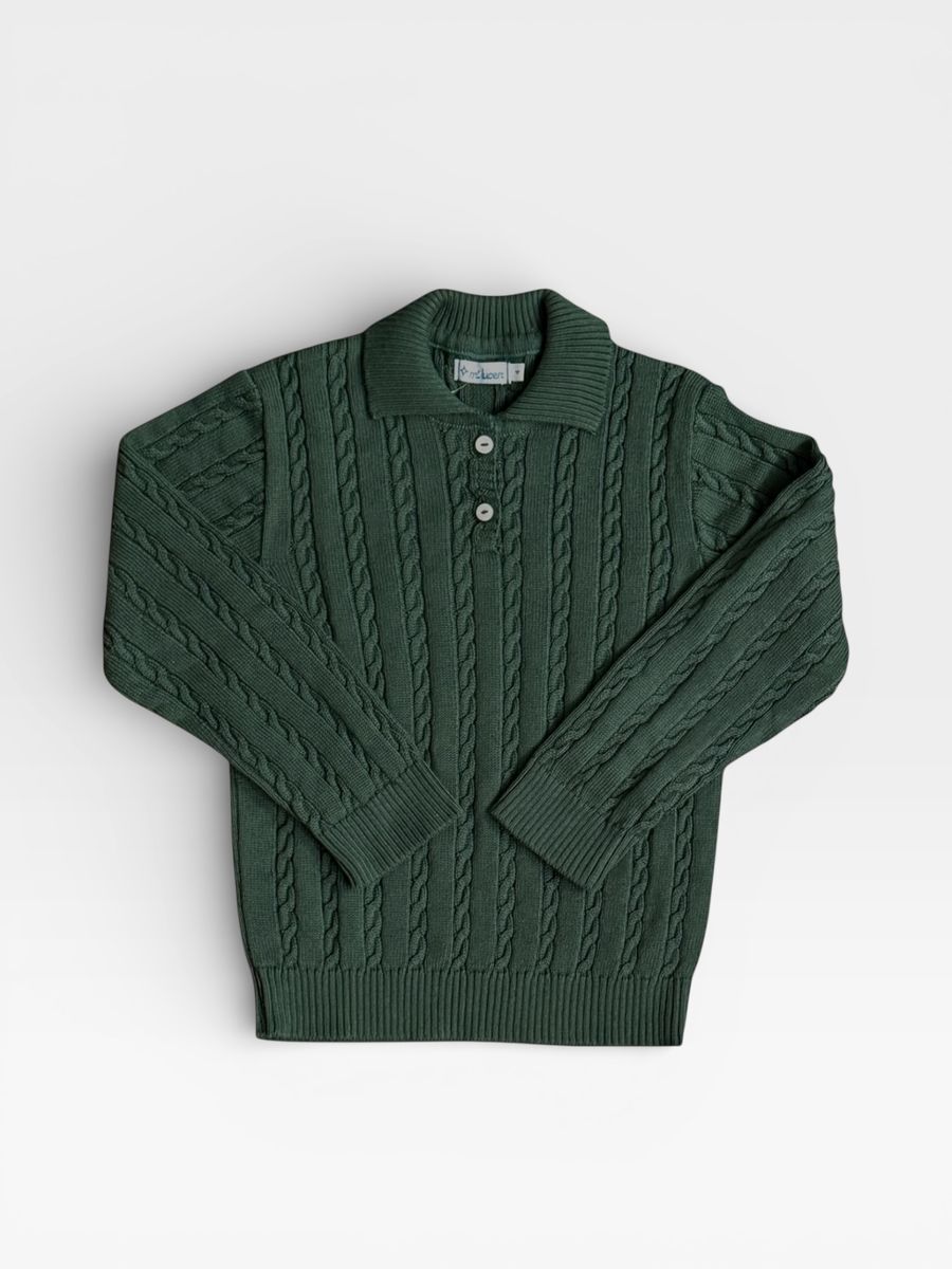 Cable Knit Polo- Evergreen