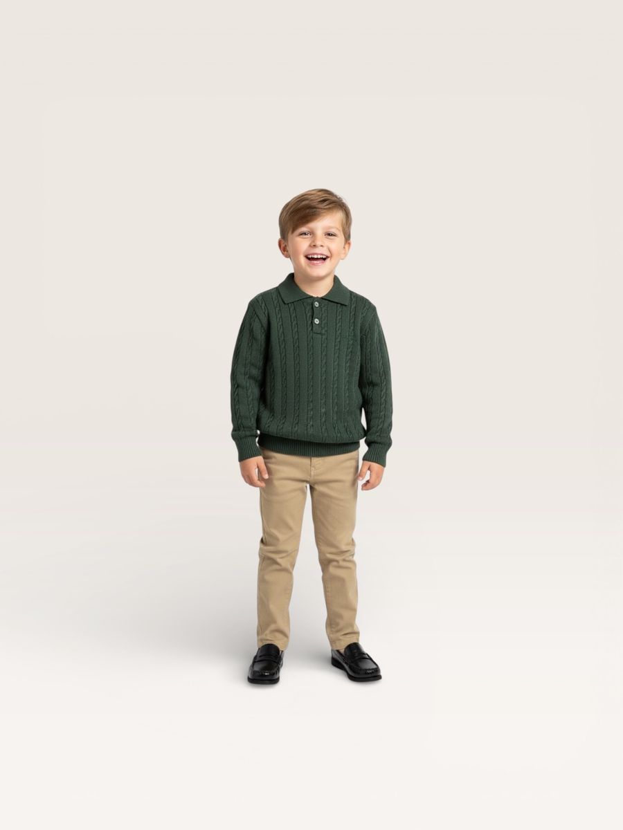 Cable Knit Polo- Evergreen