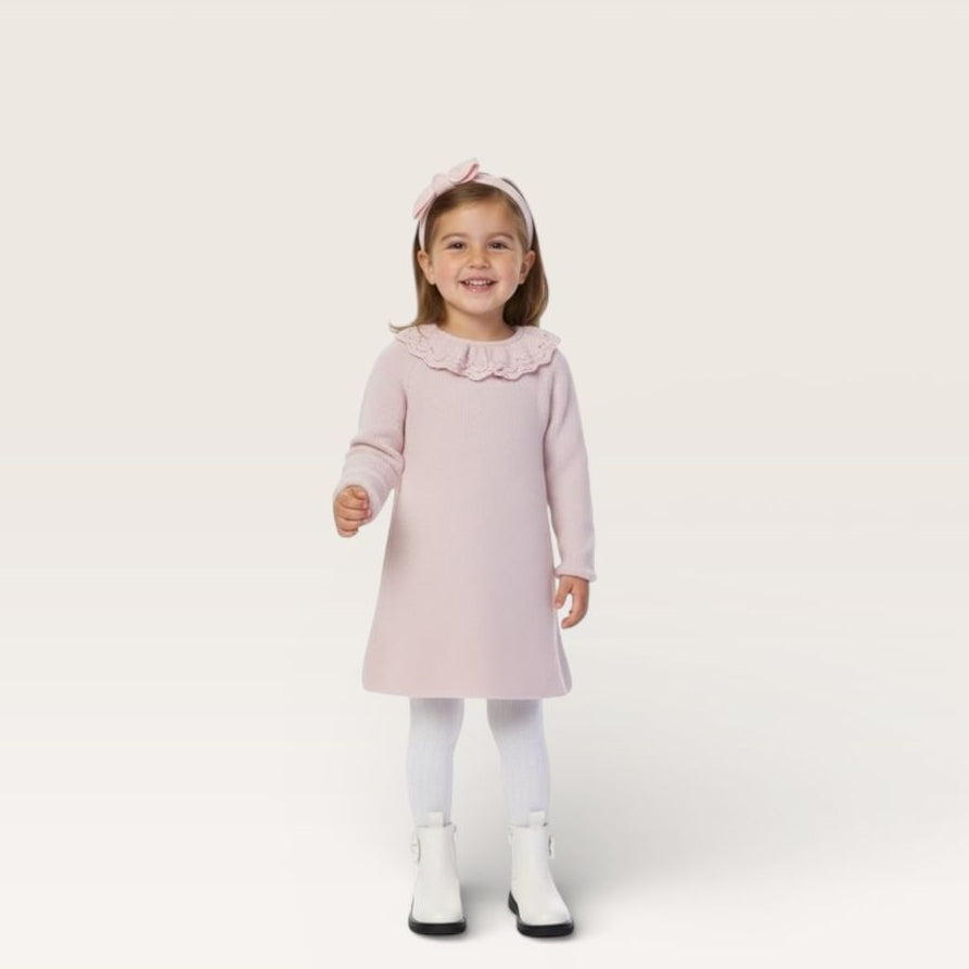 Popcorn Dress with Ruffle Collar- Pink