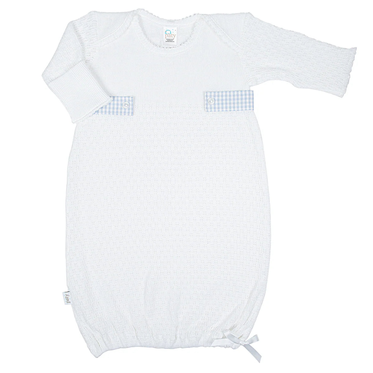 Paty Knit Overlap Shoulder Gown with Cerulean Gingham Tab